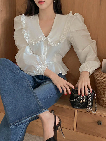 DAZY Women's Ruffle Collar Puff Sleeve Short Blouse