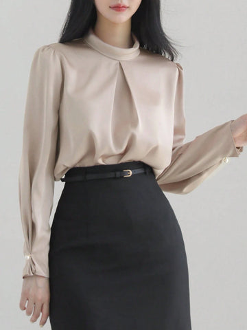 DAZY Women's Satin High Collar Elegant Blouse