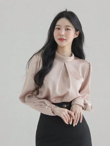 DAZY Women's Satin High Collar Elegant Blouse