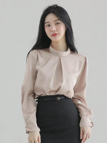 DAZY Women's Satin High Collar Elegant Blouse