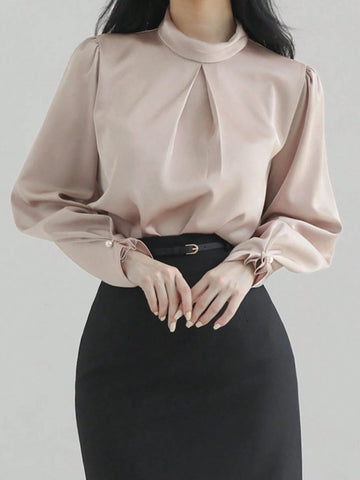 DAZY Women's Satin High Collar Elegant Blouse