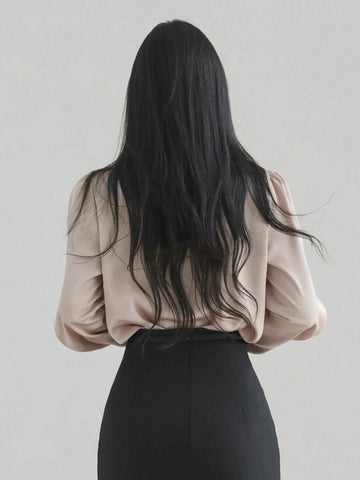 DAZY Women's Satin High Collar Elegant Blouse