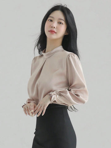 DAZY Women's Satin High Collar Elegant Blouse