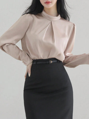 DAZY Women's Satin High Collar Elegant Blouse