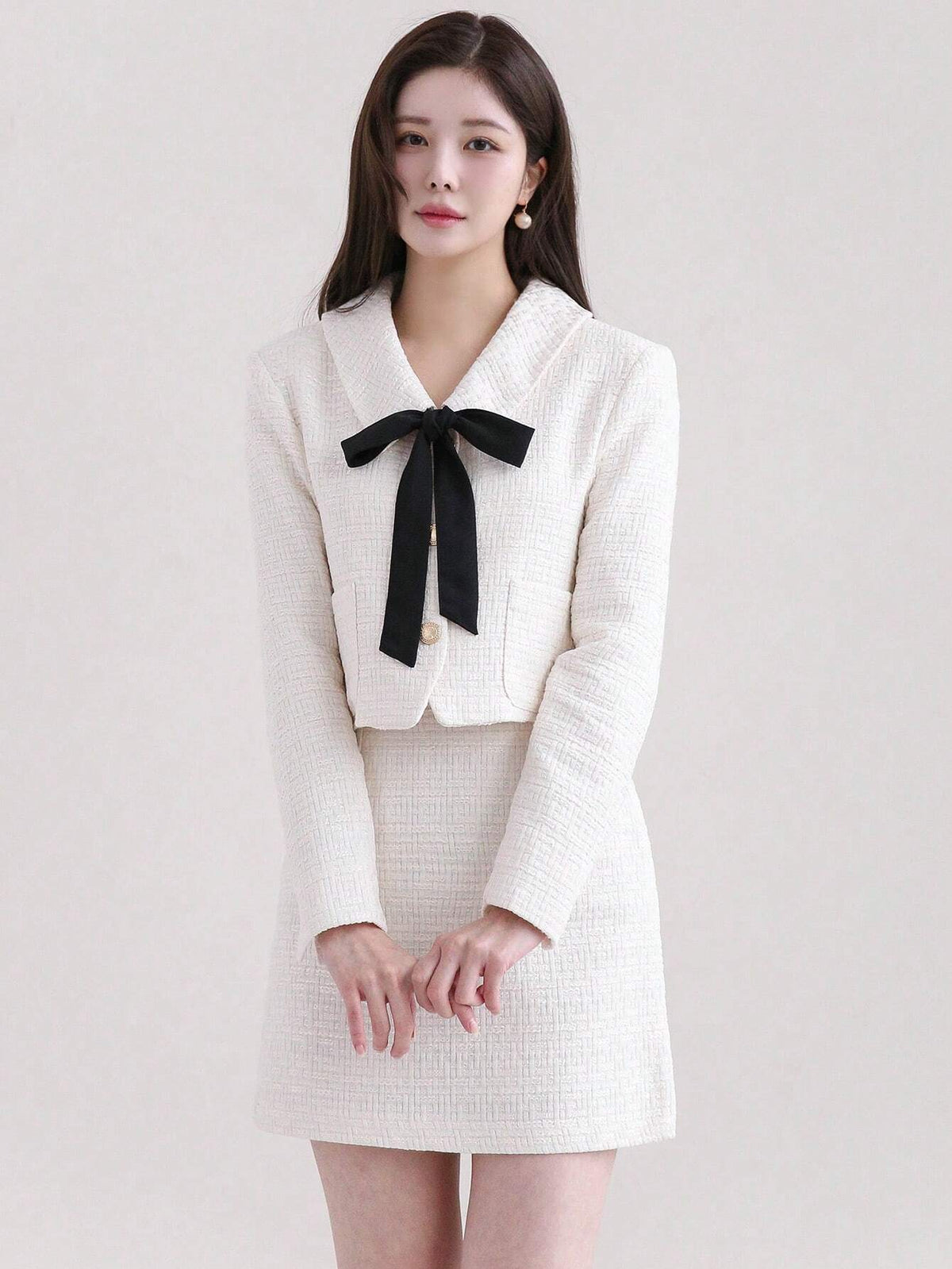 DAZY Women's Self-Tie Bowknot Long Sleeve Jacket And Skirt Set