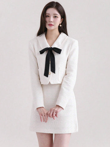 DAZY Women's Self-Tie Bowknot Long Sleeve Jacket And Skirt Set