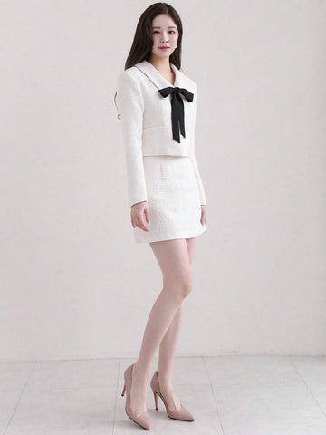 DAZY Women's Self-Tie Bowknot Long Sleeve Jacket And Skirt Set