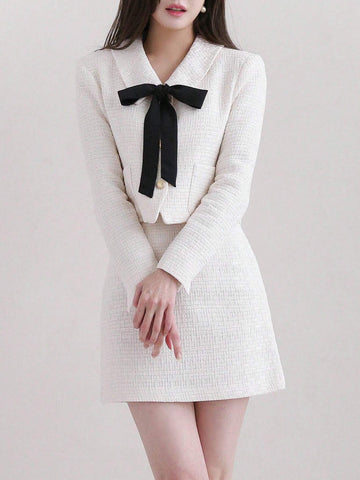 DAZY Women's Self-Tie Bowknot Long Sleeve Jacket And Skirt Set