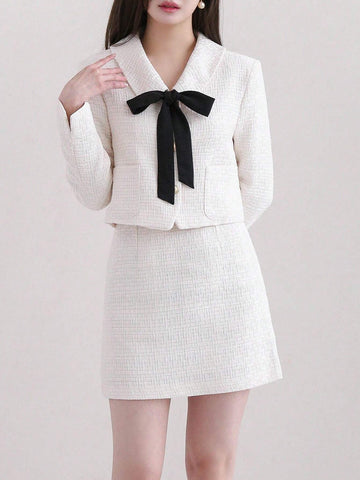 DAZY Women's Self-Tie Bowknot Long Sleeve Jacket And Skirt Set