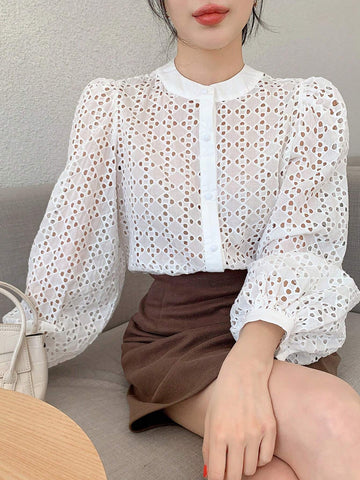 DAZY Women's Sheer Hollow-Out Textured Open Front Shirt