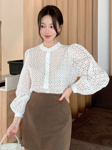 DAZY Women's Sheer Hollow-Out Textured Open Front Shirt