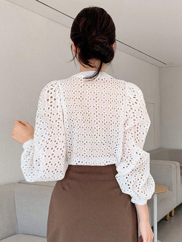 DAZY Women's Sheer Hollow-Out Textured Open Front Shirt