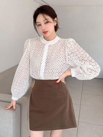 DAZY Women's Sheer Hollow-Out Textured Open Front Shirt