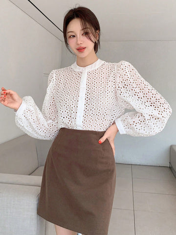 DAZY Women's Sheer Hollow-Out Textured Open Front Shirt