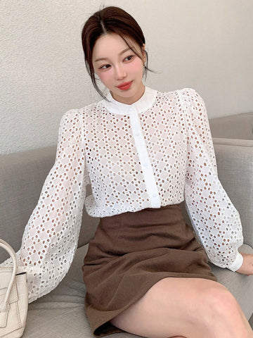 DAZY Women's Sheer Hollow-Out Textured Open Front Shirt