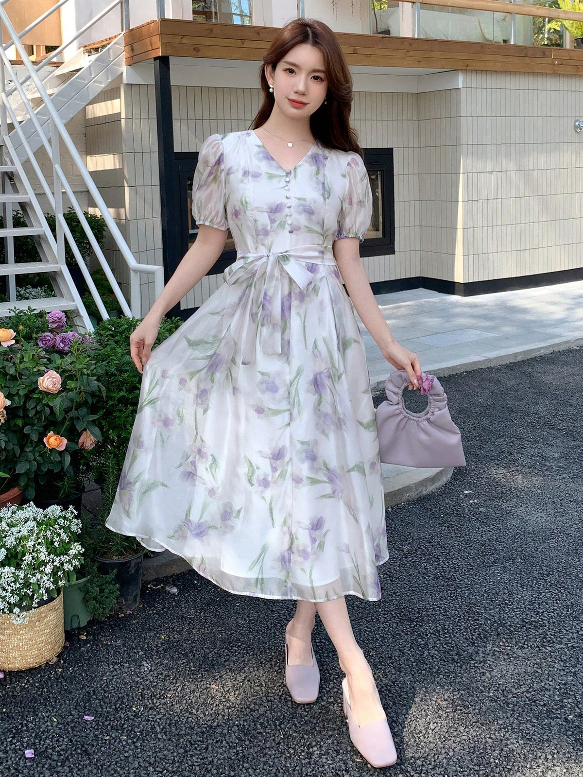 DAZY Women's Short Puff Sleeve Floral Print Dress