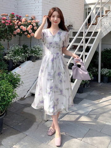 DAZY Women's Short Puff Sleeve Floral Print Dress