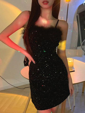 DAZY Women's Short Sequin Ruched Bodycon Mini Dress