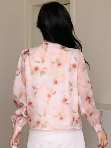 DAZY Women's Short Sleeve Chiffon Printed Blouse With Bow Tie