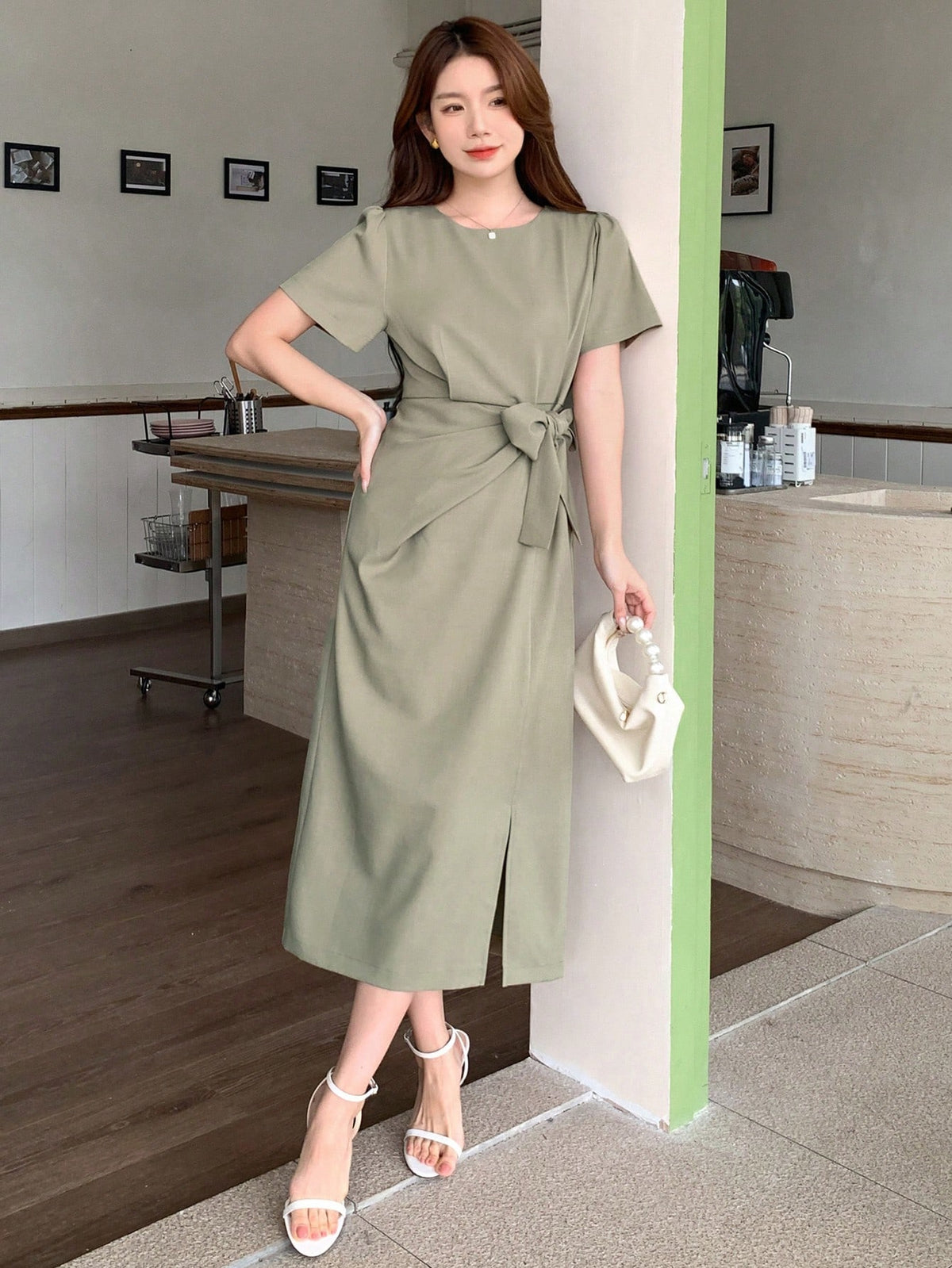 DAZY Women's Short Sleeve Round Neck Dress With Waist Tie