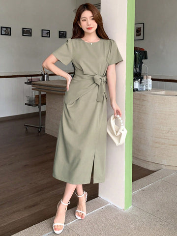DAZY Women's Short Sleeve Round Neck Dress With Waist Tie