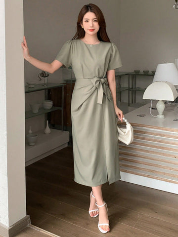 DAZY Women's Short Sleeve Round Neck Dress With Waist Tie