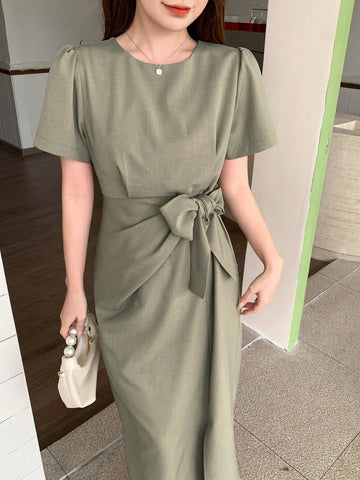 DAZY Women's Short Sleeve Round Neck Dress With Waist Tie