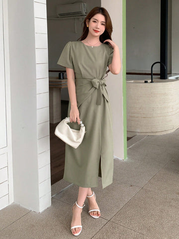 DAZY Women's Short Sleeve Round Neck Dress With Waist Tie