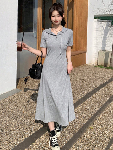 DAZY Women's Short Sleeve Solid Color Hooded Maxi Dress