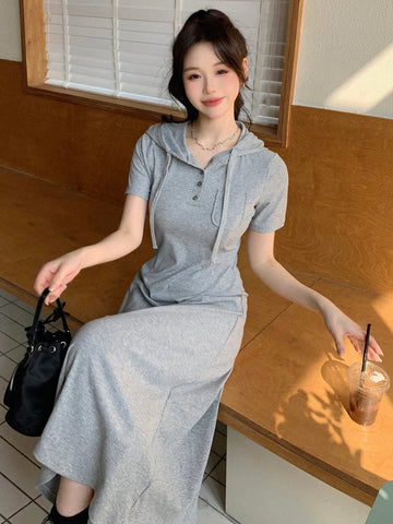 DAZY Women's Short Sleeve Solid Color Hooded Maxi Dress