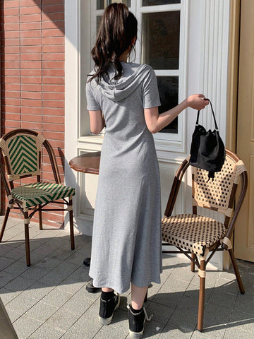 DAZY Women's Short Sleeve Solid Color Hooded Maxi Dress