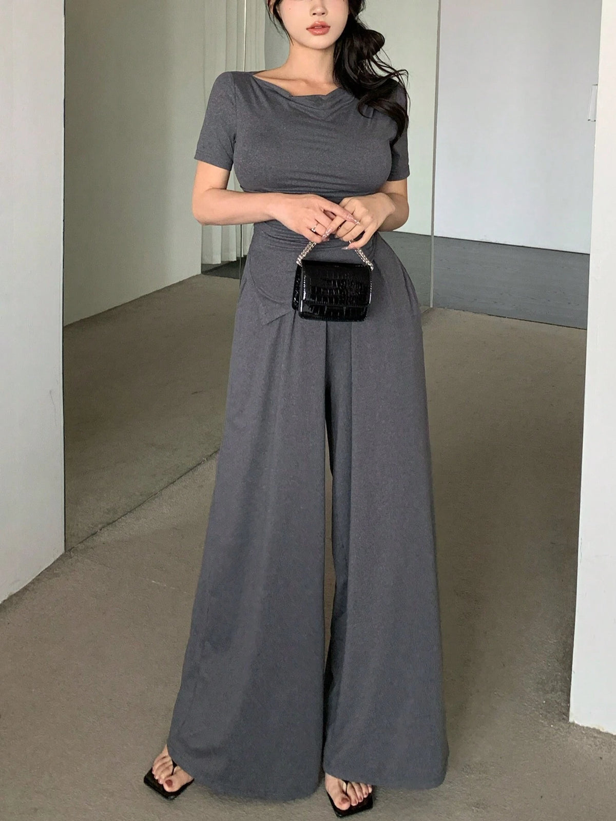 DAZY Women's Short Sleeve T-Shirt And Wide Leg Pants Two Piece Set