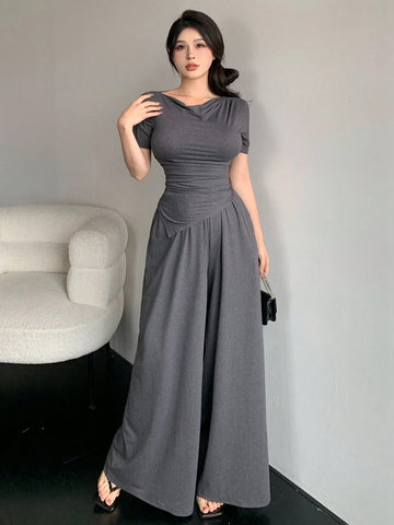 DAZY Women's Short Sleeve T-Shirt And Wide Leg Pants Two Piece Set