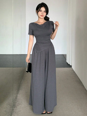 DAZY Women's Short Sleeve T-Shirt And Wide Leg Pants Two Piece Set