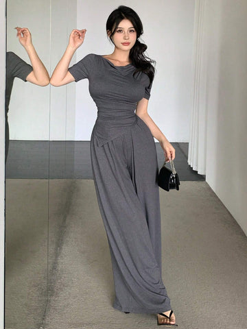 DAZY Women's Short Sleeve T-Shirt And Wide Leg Pants Two Piece Set