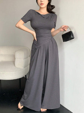 DAZY Women's Short Sleeve T-Shirt And Wide Leg Pants Two Piece Set