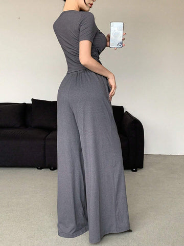 DAZY Women's Short Sleeve T-Shirt And Wide Leg Pants Two Piece Set