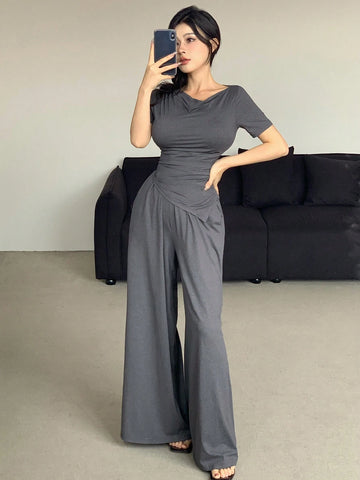 DAZY Women's Short Sleeve T-Shirt And Wide Leg Pants Two Piece Set