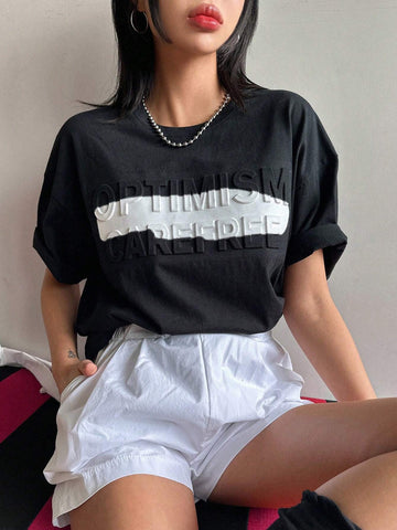 Women's Short Sleeve Tee With Printed Alphabet And Embossed Texture, Round Neck