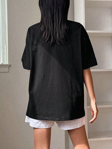 Women's Short Sleeve Tee With Printed Alphabet And Embossed Texture, Round Neck