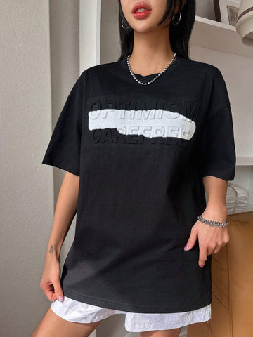 Women's Short Sleeve Tee With Printed Alphabet And Embossed Texture, Round Neck