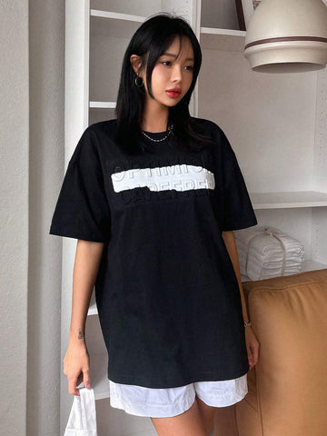Women's Short Sleeve Tee With Printed Alphabet And Embossed Texture, Round Neck