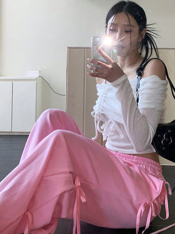 DAZY Women's Side Bowknot Drawstring Loose Sports Pants