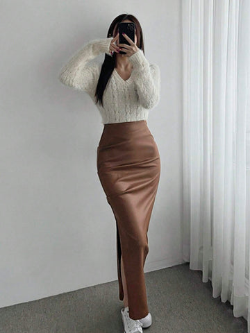 DAZY Women's Side Slit Pu Skirt