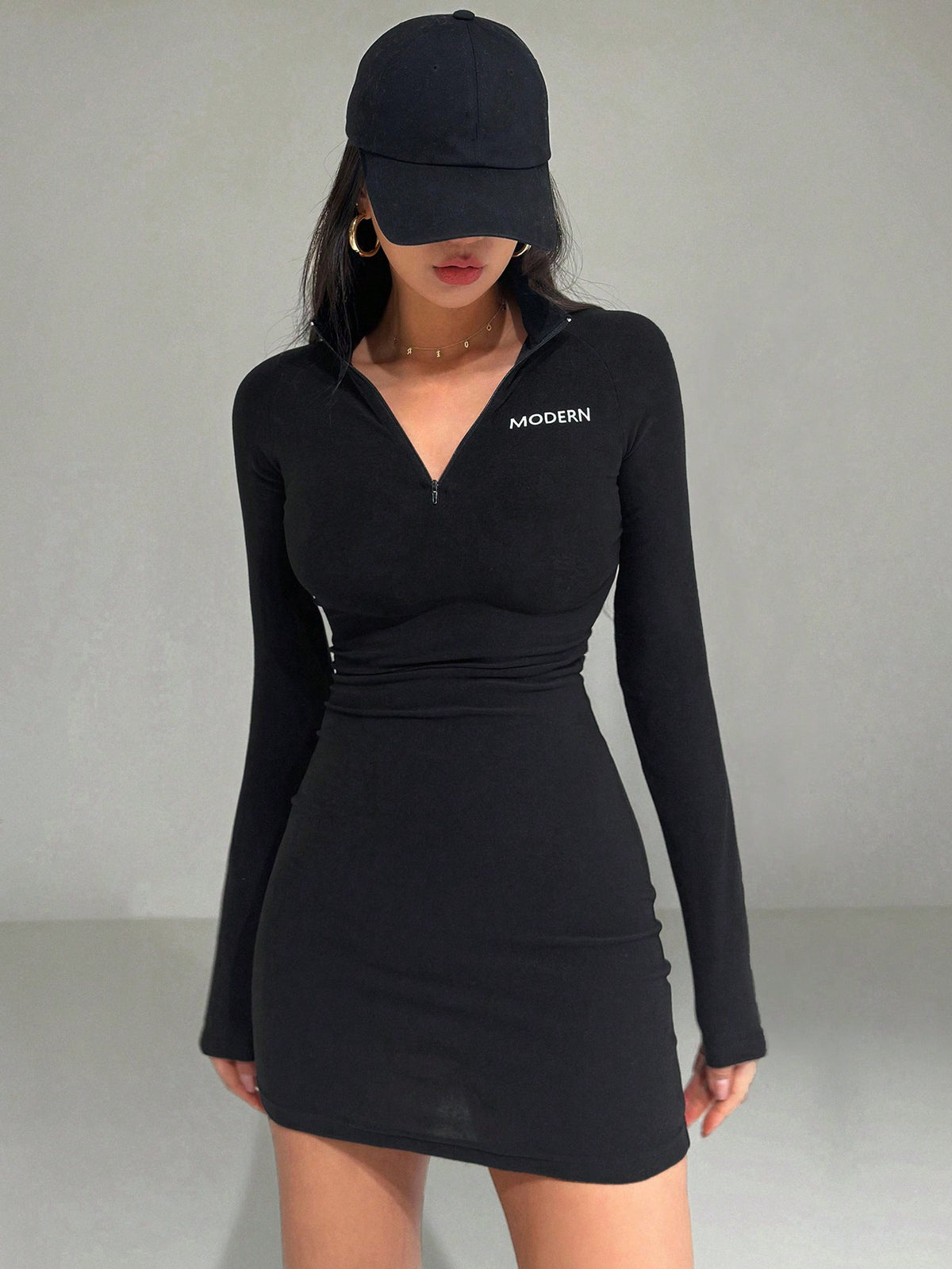 DAZY Women's Slim Fit High Waisted Half Zip Down Letter Printed Long Sleeve Dress