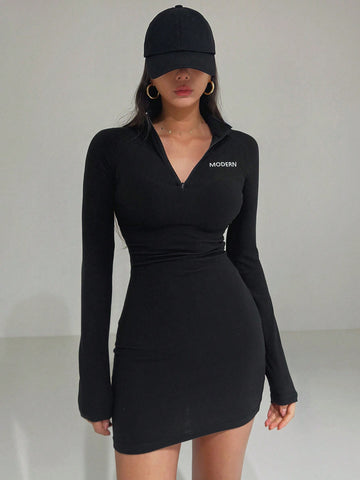 DAZY Women's Slim Fit High Waisted Half Zip Down Letter Printed Long Sleeve Dress