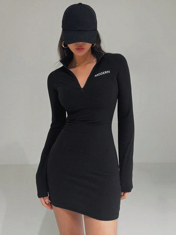 DAZY Women's Slim Fit High Waisted Half Zip Down Letter Printed Long Sleeve Dress
