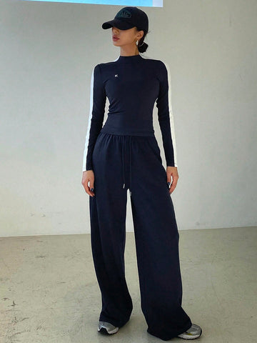 DAZY Women's Slim Fit Letter Print Long Sleeve Top And Pants Set