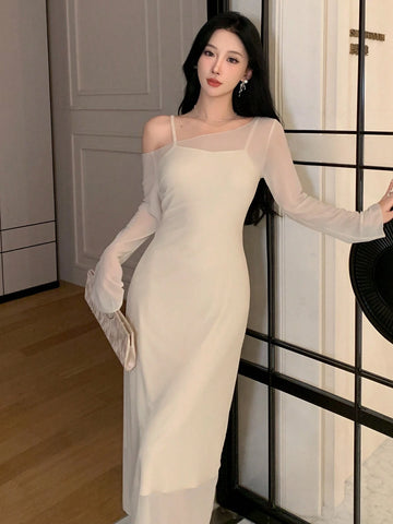 DAZY Women's Solid Color Asymmetric Neck Long Sleeve Elegant Dress