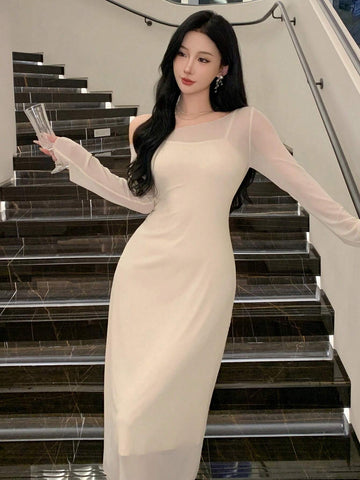 DAZY Women's Solid Color Asymmetric Neck Long Sleeve Elegant Dress
